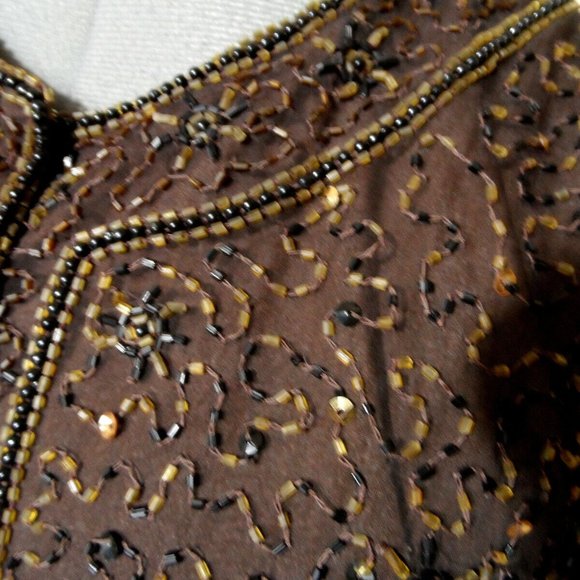 Vintage STENAY 100% Silk ALL Beaded Formal Jacket S Brown Hook front Overcoat LS - Picture 9 of 13